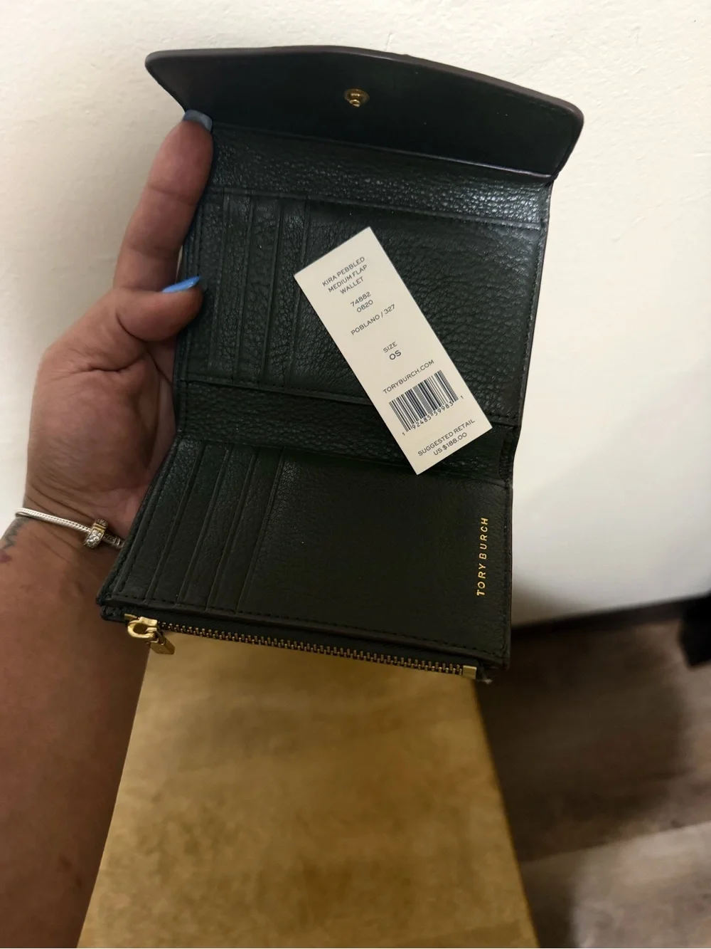 Tory Burch Dark Green Pebbled Leather Wallet with Gold Logo